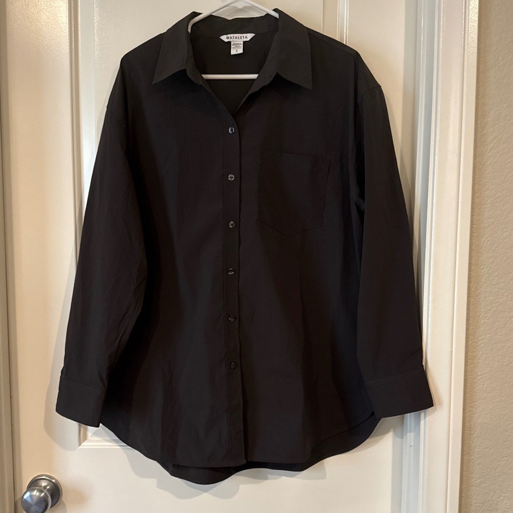 Athleta Large Poplin Oversized Performance Button Down Shirt Brown Long Sleeve